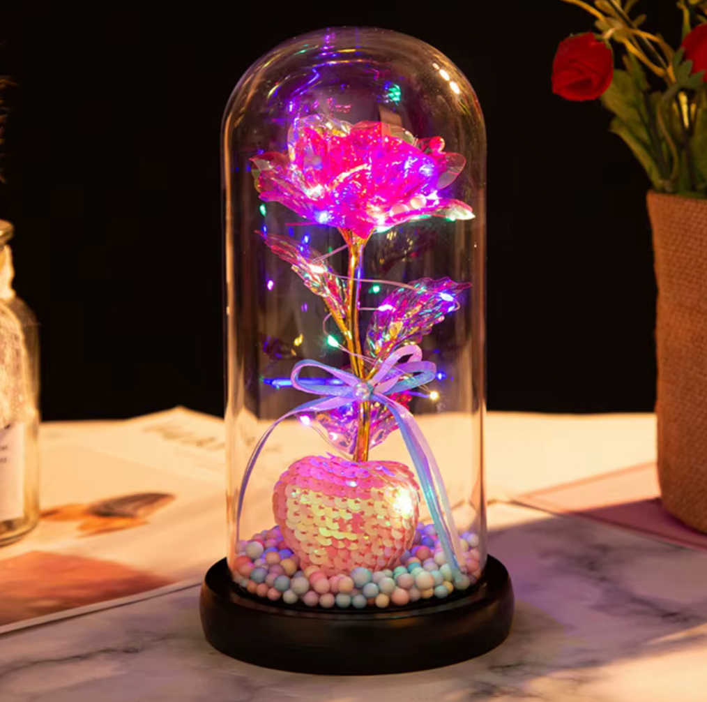Valentines Day Gift for Girlfriend Eternal Rose Flowers LED Light in Glass Cover Day Wedding Decoration Favors Mother Day Female Gift Gift