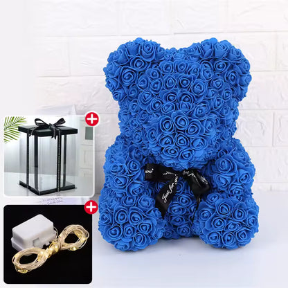 Wedding Decoration Rose Bear Artificial Flower with Box and Light Rose Teddy Bear for Women Valentines Girlfriend Birthday Gifts