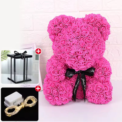 Wedding Decoration Rose Bear Artificial Flower with Box and Light Rose Teddy Bear for Women Valentines Girlfriend Birthday Gifts