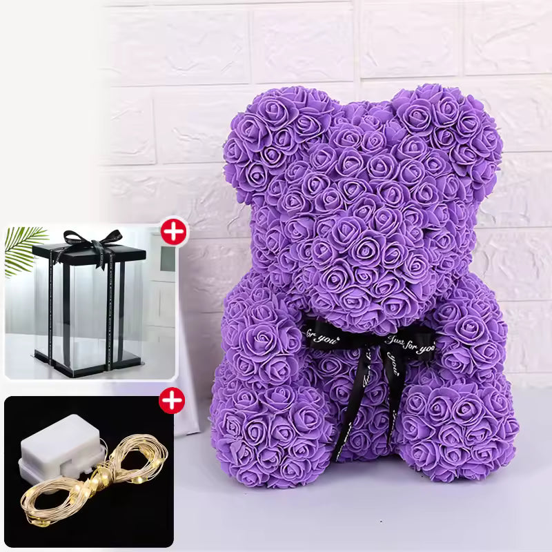 Wedding Decoration Rose Bear Artificial Flower with Box and Light Rose Teddy Bear for Women Valentines Girlfriend Birthday Gifts